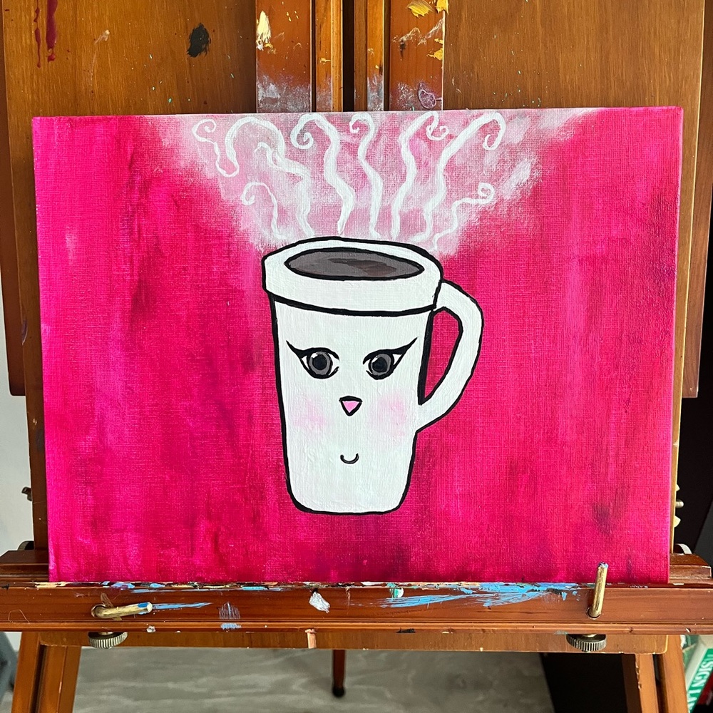 Coffee mug cute animated girly acrylic painting pink steamy hot 😊 9x12 original